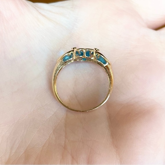 14K Swiss Blue Topaz Diamond Heart Marquis triplet solid yellow gold ring - Picture 10 of 10